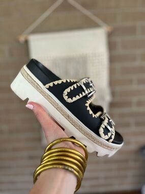 ShuShop Black Dual-Buckle Platform Sandal with Cream Trim